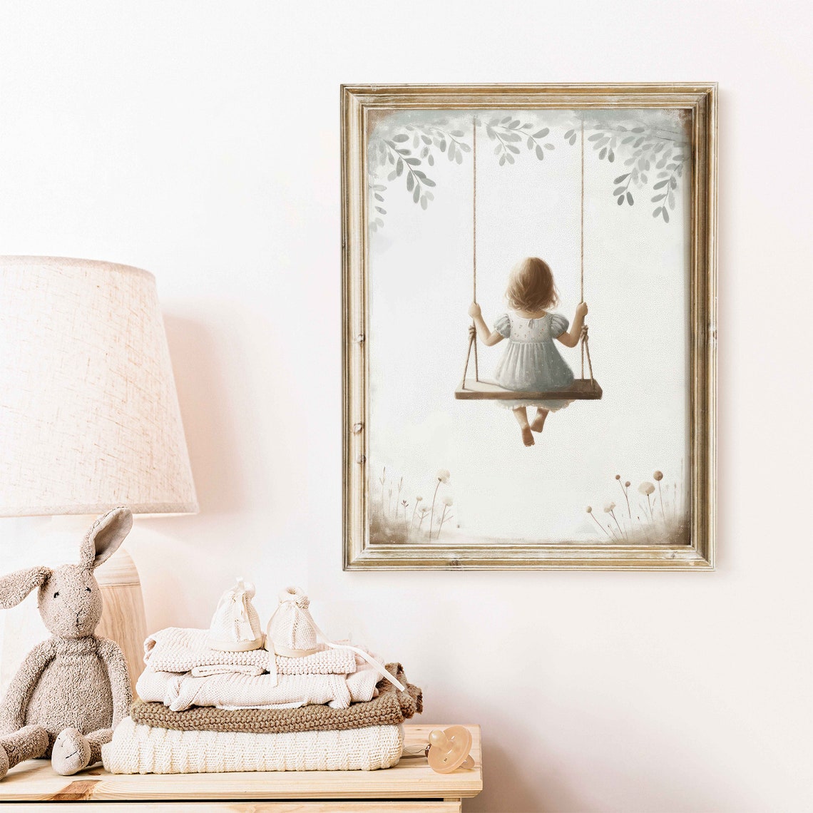 Sweet Toddler Girl On Swing Beneath Leafy Branches Nursery Poster - Image 2