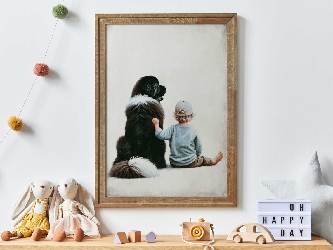 Little Boy Sitting Beside A Giant Black Newfoundland Dog Nursery Poster