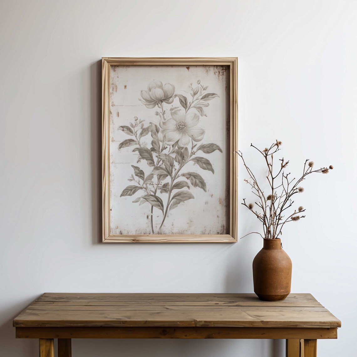 Distressed White Floral Botanical Art on Vintage Wood Poster - Image 2