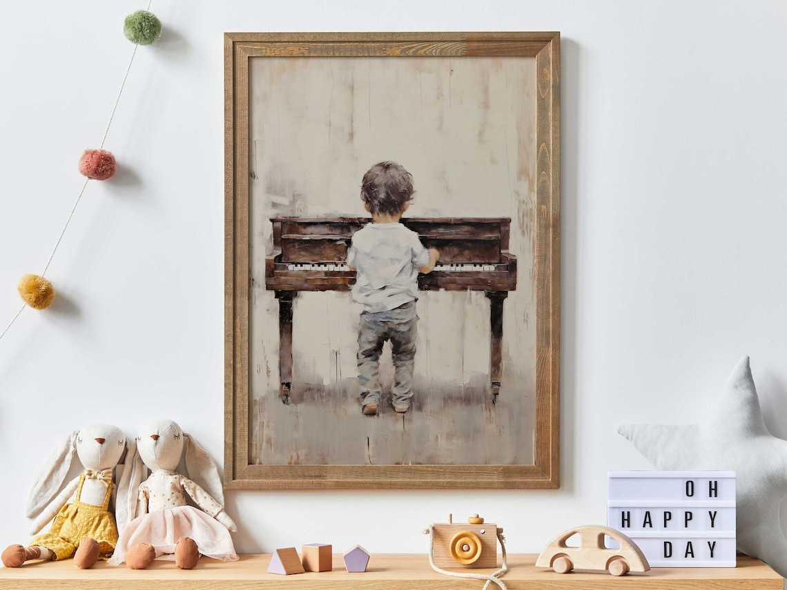 Boy Playing Piano Vintage Nursery Art Print