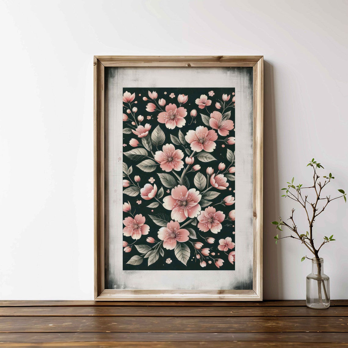 Pink Cherry Blossom Branches on Dark Green Botanical Floral Poster