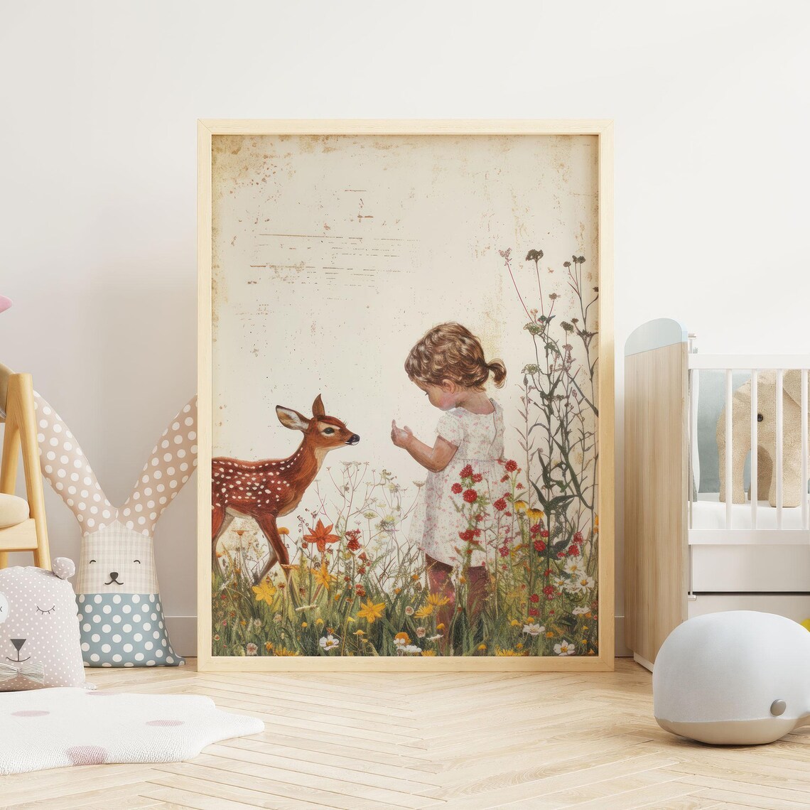 Little Girl And Fawn In Wildflower Meadow Nursery Art Poster - Image 4