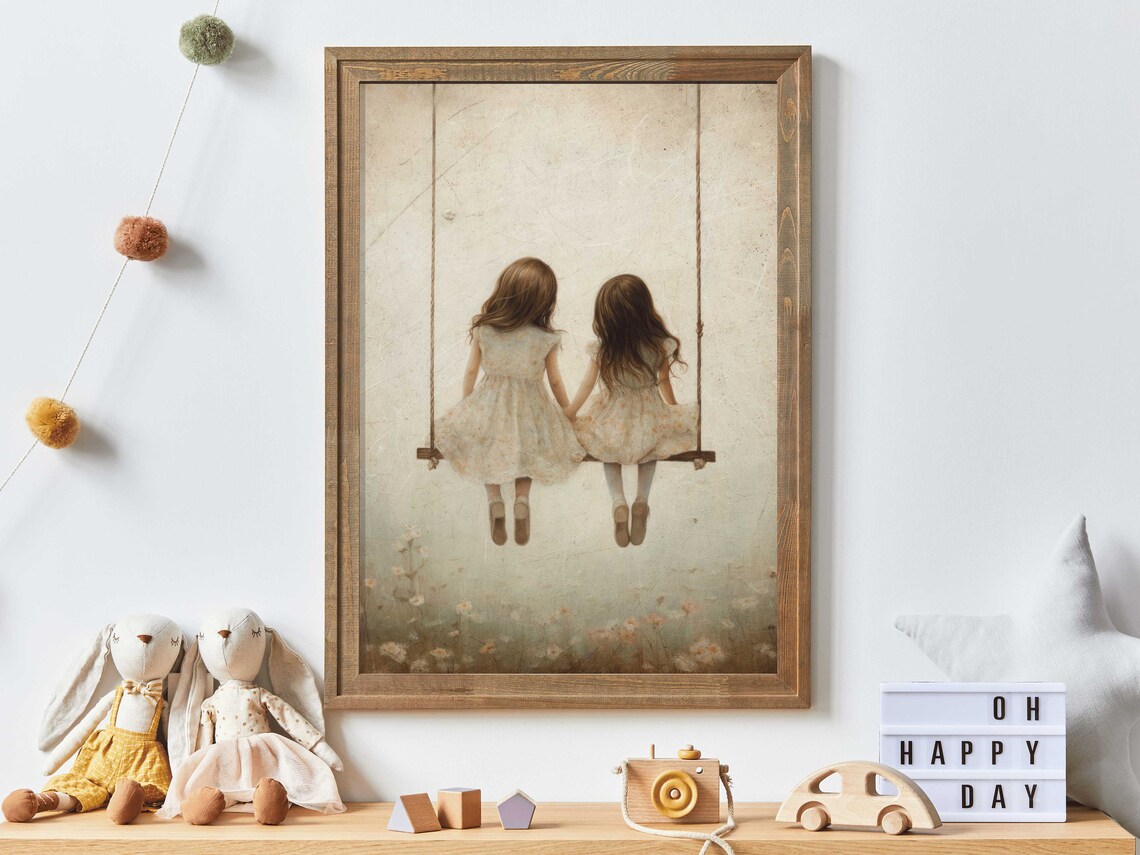 Sisters Vintage Nursery Art, Girls on Swing Art Print