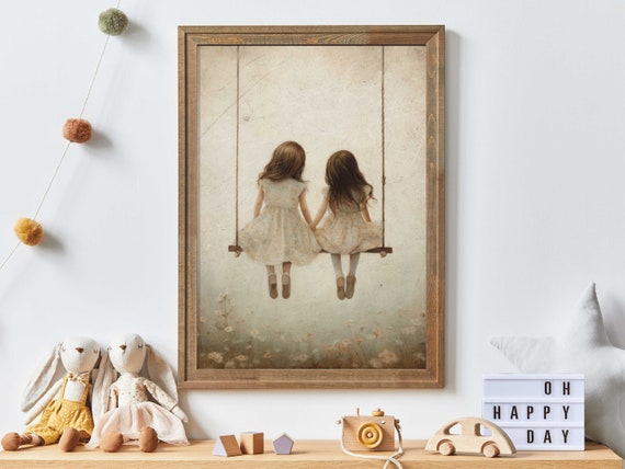 Sisters Vintage Nursery Art, Girls on Swing Art Print