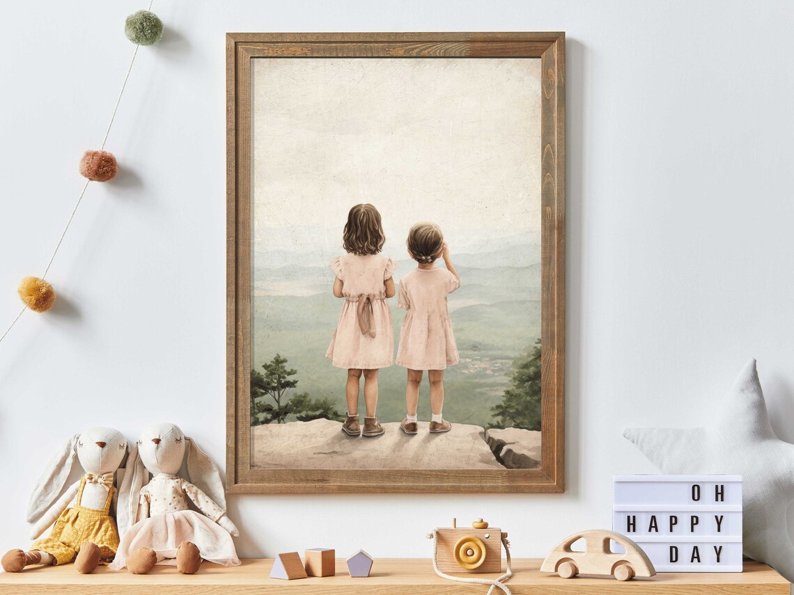 Two Little Girls In Pink Dresses On A Cliff Overlooking Mountains Poster