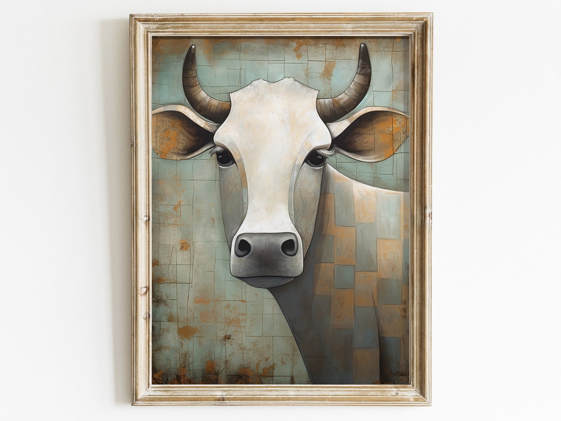 White Cow Portrait on a Distressed Blue Tile Background Poster