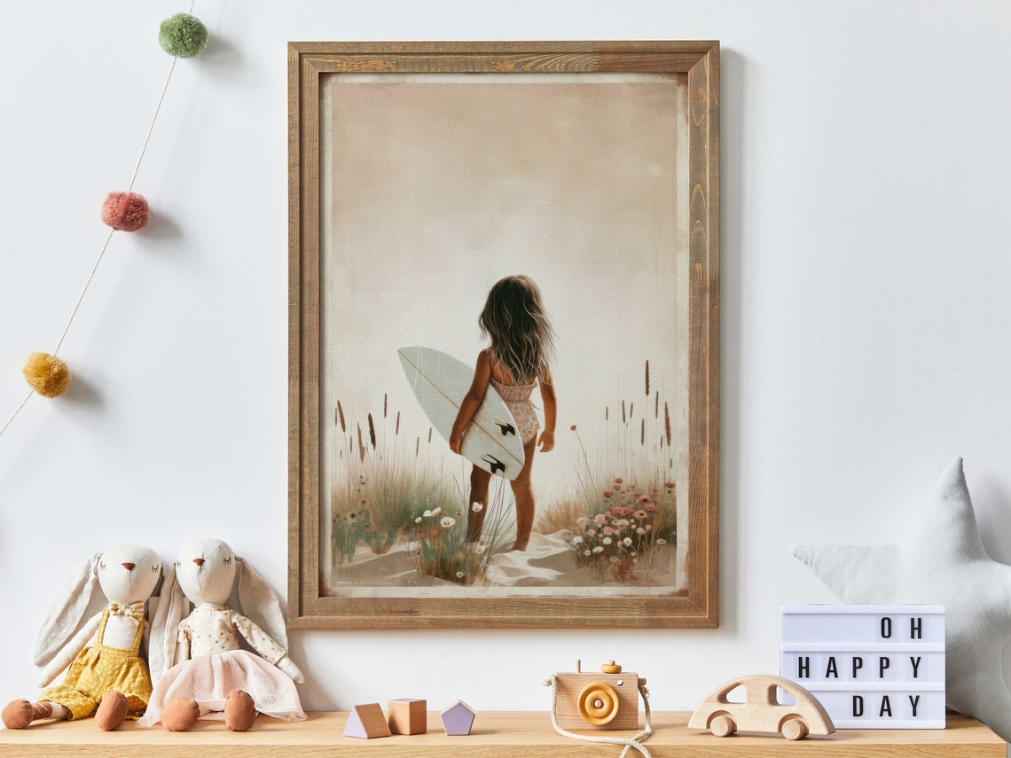 Little Surfer Girl With White Surfboard Walking To Beach Poster Art