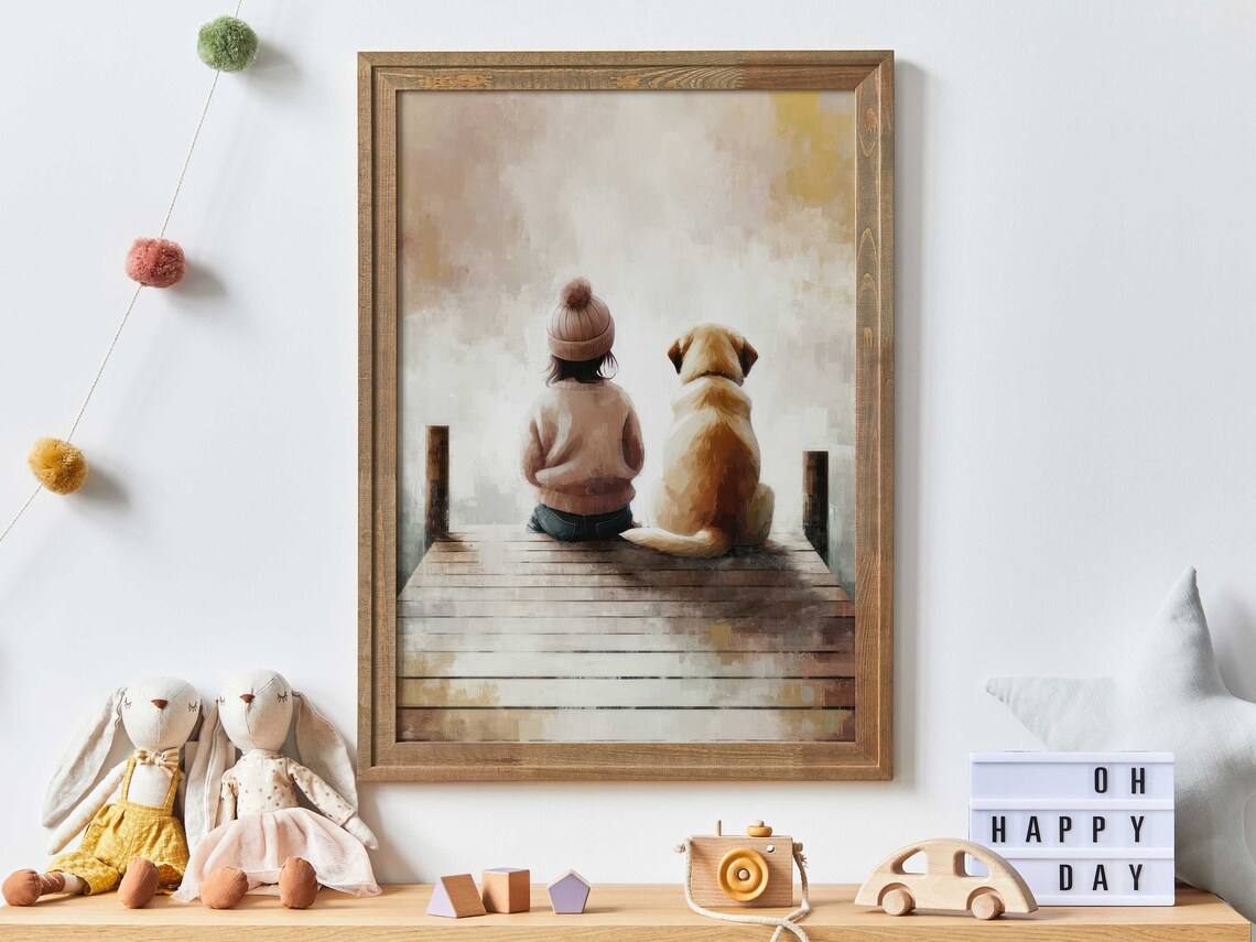 Child with Golden Retriever Puppy on Wooden Dock Misty Lake Poster