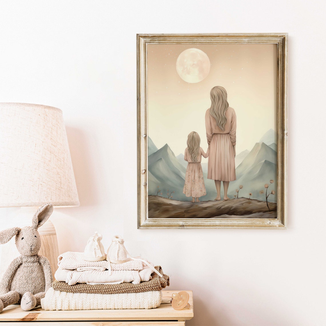 Mother and Daughter Gazing at Full Moon Over Mountains Poster - Image 2
