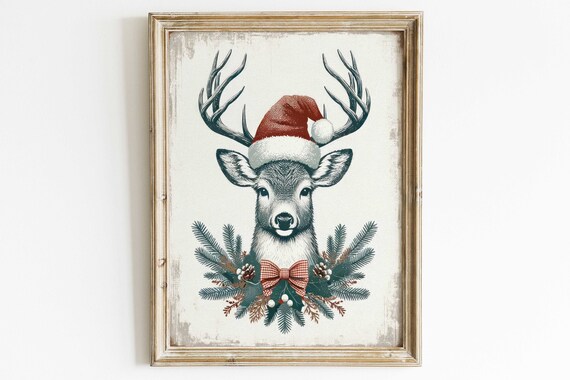 Deer Wearing Santa Hat with Christmas Pine Wreath Holiday Poster