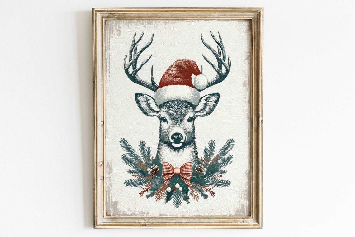 Deer Wearing Santa Hat with Christmas Pine Wreath Holiday Poster