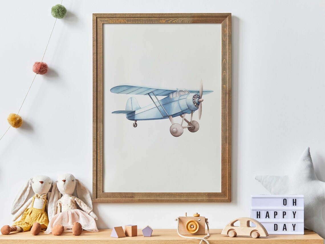 Blue Airplane Nursery Decor, Vintage Airplane Art Print