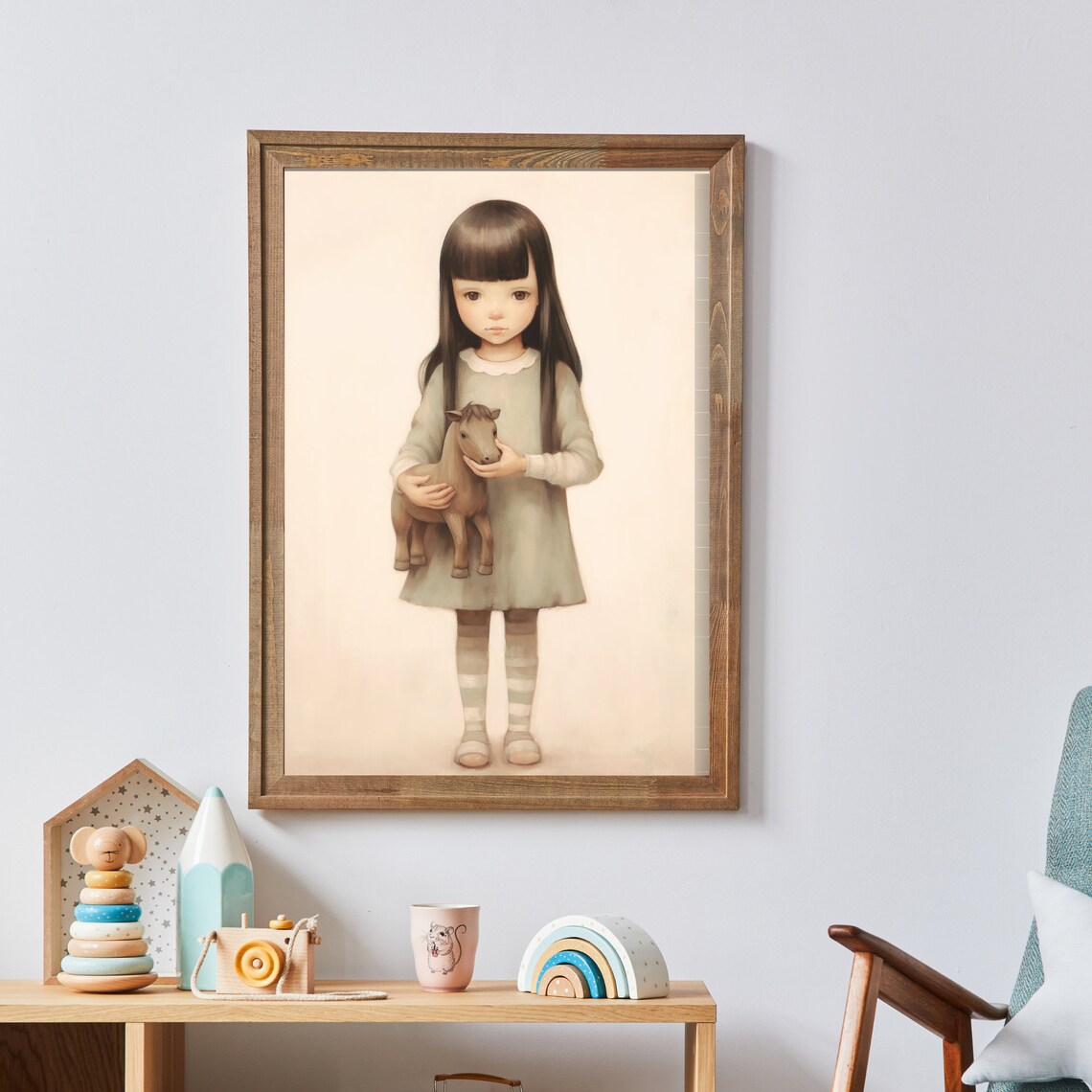 Little Girl Holding Wooden Toy Horse In Cream Dress Nursery Poster - Image 3