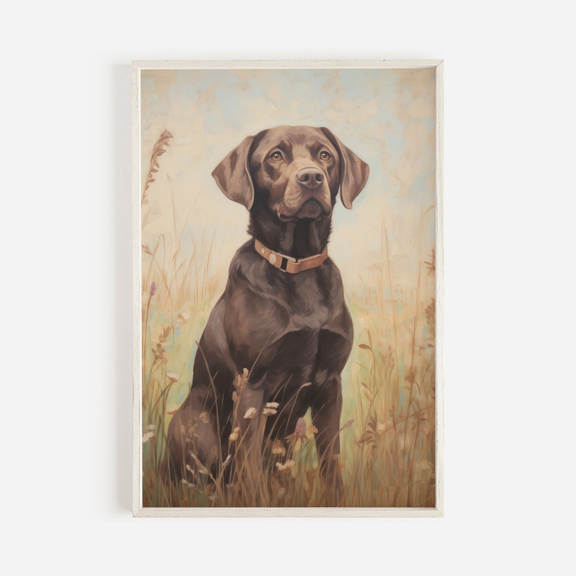 Chocolate Labrador Dog Sitting in Tall Golden Meadow Grass Poster - Image 2