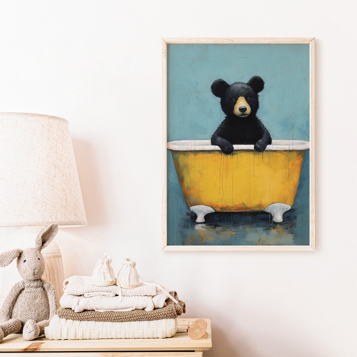 Playful Baby Black Bear in Vintage Yellow Bathtub Nursery Poster - Image 2