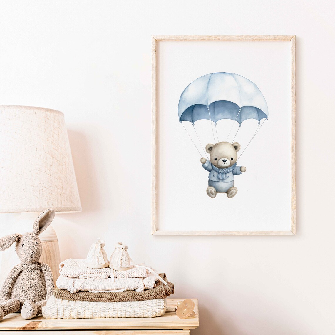 Adorable Teddy Bear Parachuting With Blue Umbrella Nursery Poster - Image 2