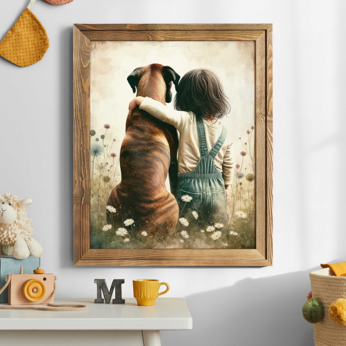 Little Girl Hugging Her Boxer Dog Daisy Field Nursery Poster - Image 2