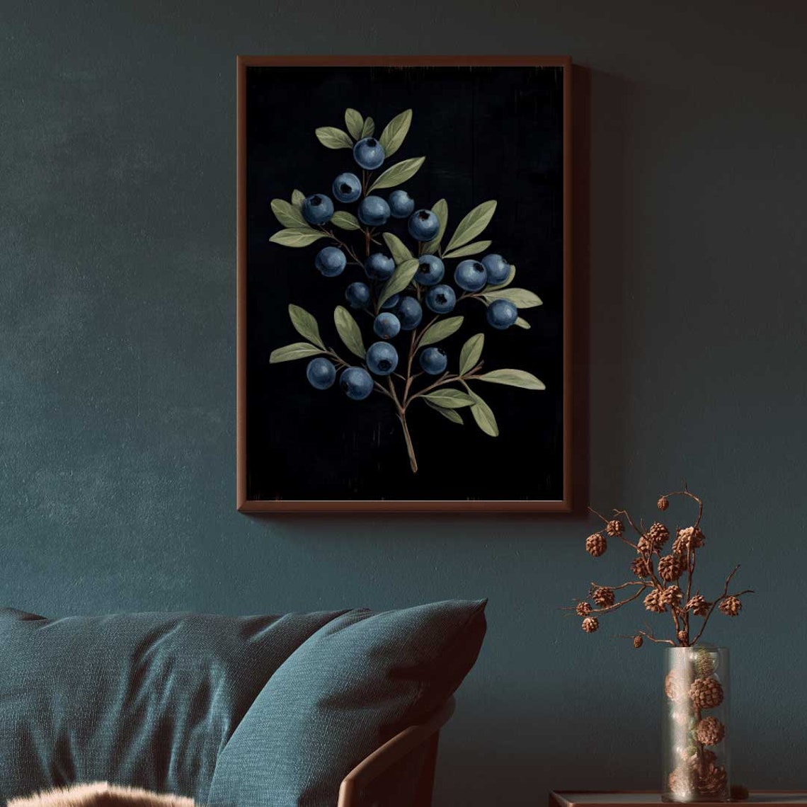 Blueberry Branch Botanical Study on a Dark Background Poster - Image 2