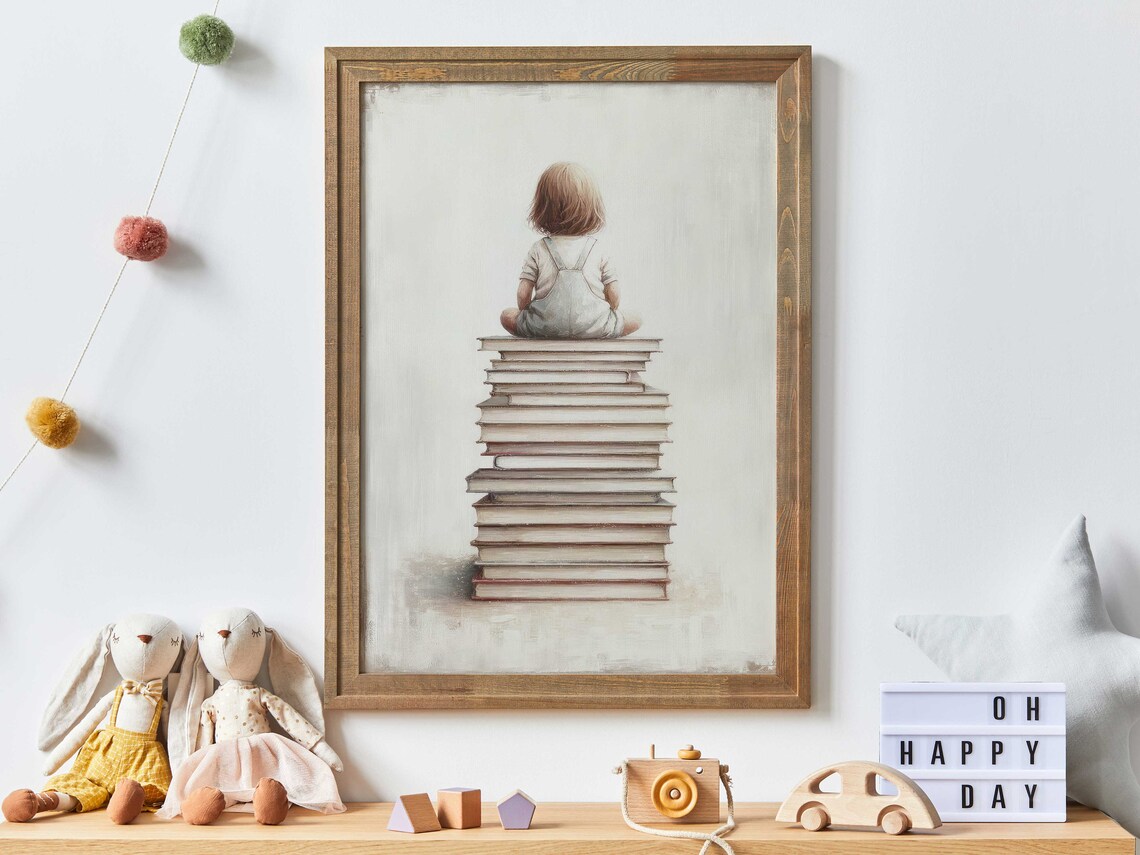 Girl Reading Corner Art Print, Toddler Room Decor