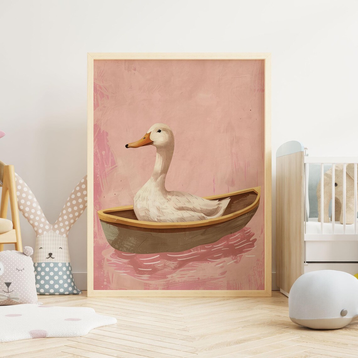 White Goose Sitting in Wooden Rowboat on Pink Water Art Poster - Image 2