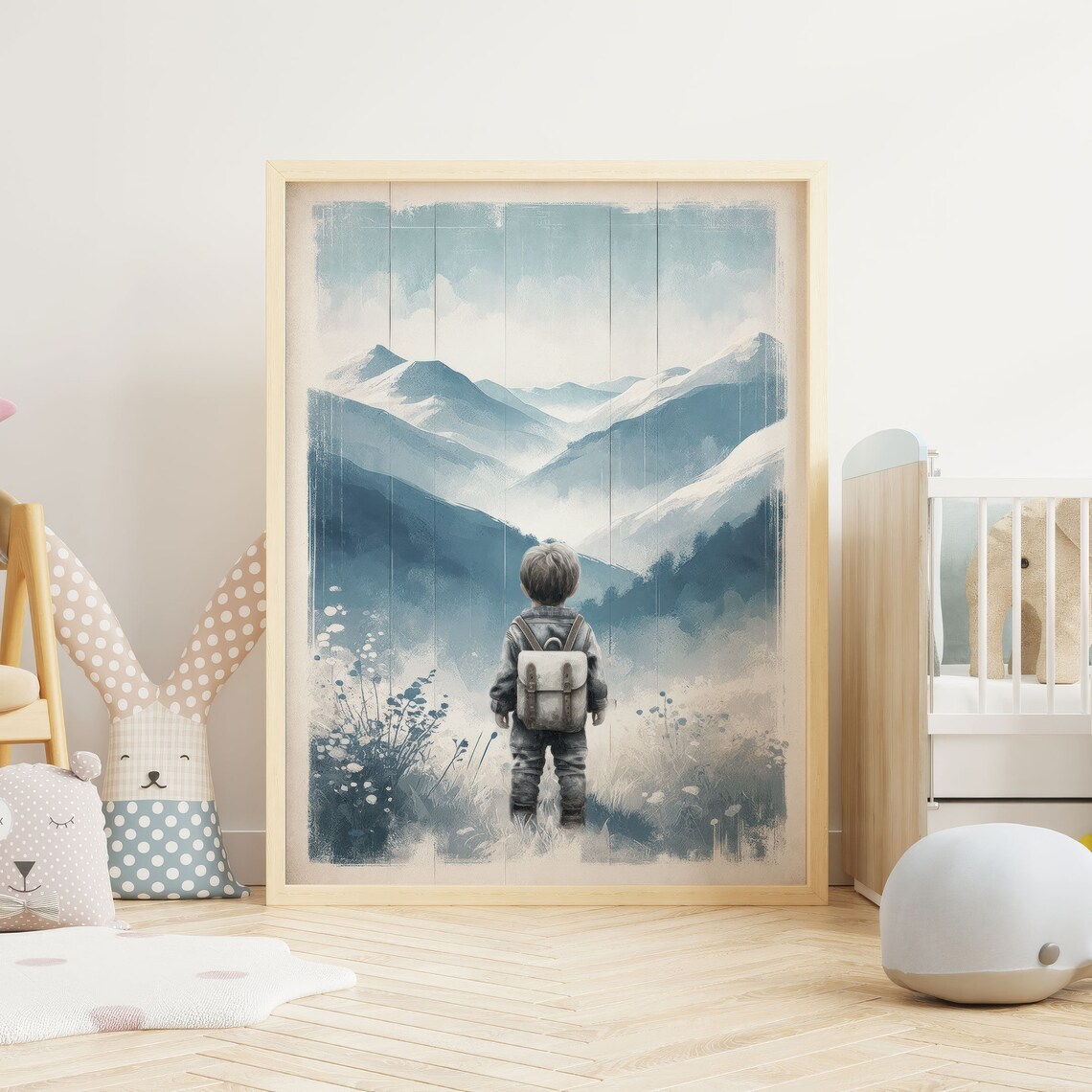 Little Boy With Backpack Facing Mountain Valley Adventure Nursery Print - Image 2