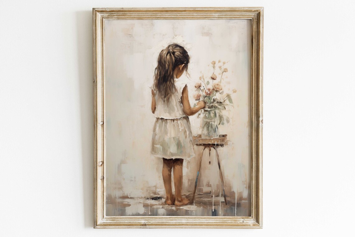 Girl Arranging Flowers In A Vase Vintage Style Floral Nursery Poster - Image 3