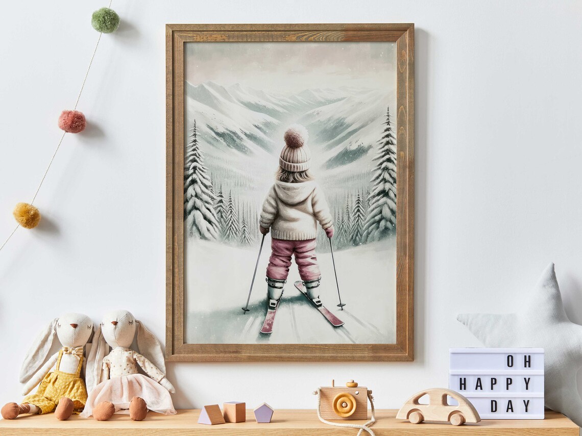 Little Girl Skier Gliding Down Snowy Mountain Vintage Winter Poster