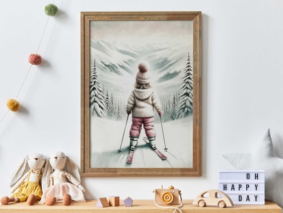 Skiing Nursery Art Skiing Wall Decor Kids Ski Nursery Art Girl Little Girl Skier Painting Skiing Art Girl Winter Decor Child