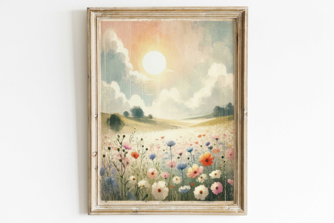 Sunlit Wildflower Field Under Dramatic Clouds Vintage Poster