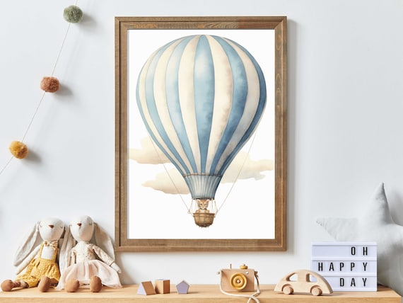 Baby Tiger Floating in Blue Striped Hot Air Balloon Nursery Poster