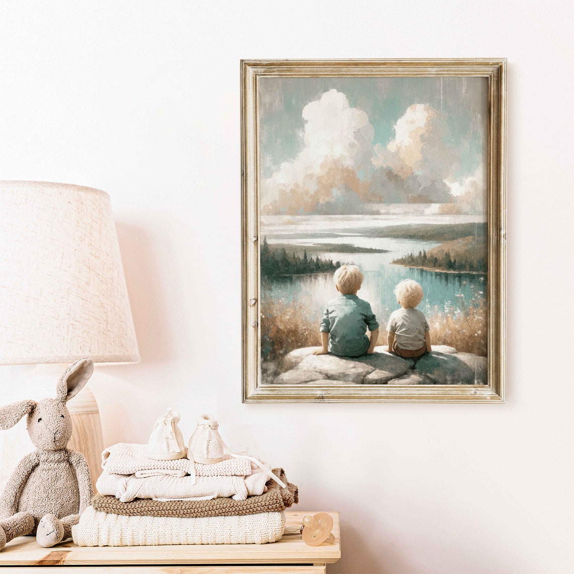Two Brothers Sitting By The Lake Looking At Mountains Scene Poster - Image 2