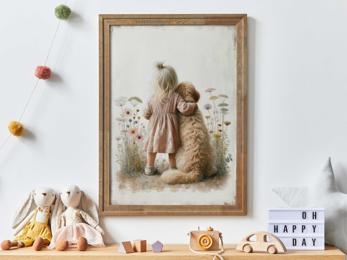 Little Girl Hugging Her Fluffy Goldendoodle Among Wildflowers Poster