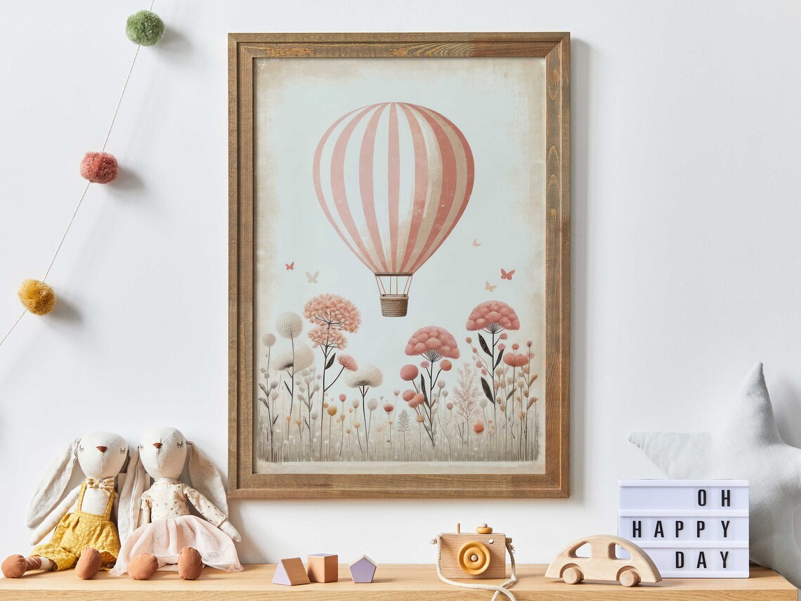 Pink Hot Air Balloon Over Wildflower Field Nursery Art Print