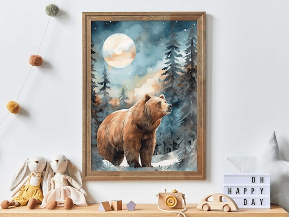 Majestic Brown Bear Under a Full Moon in Watercolor Forest Poster