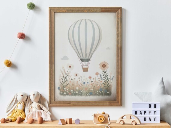 Blue Striped Hot Air Balloon Poster Wildflower Meadow Nursery Decor