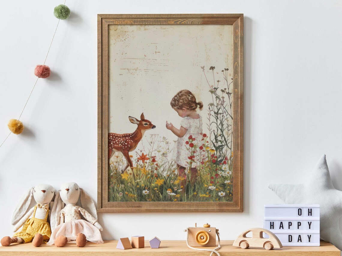 Little Girl And Fawn In Wildflower Meadow Nursery Art Poster