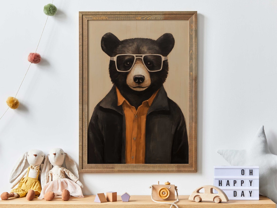 Cool Black Bear in Sunglasses and Jacket Nursery Room Poster