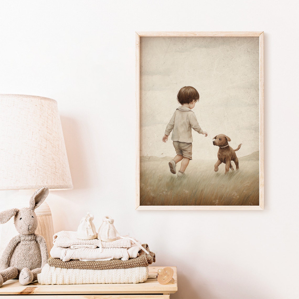 Little Boy Running With Puppy Dog In Golden Meadow Nursery Poster - Image 2