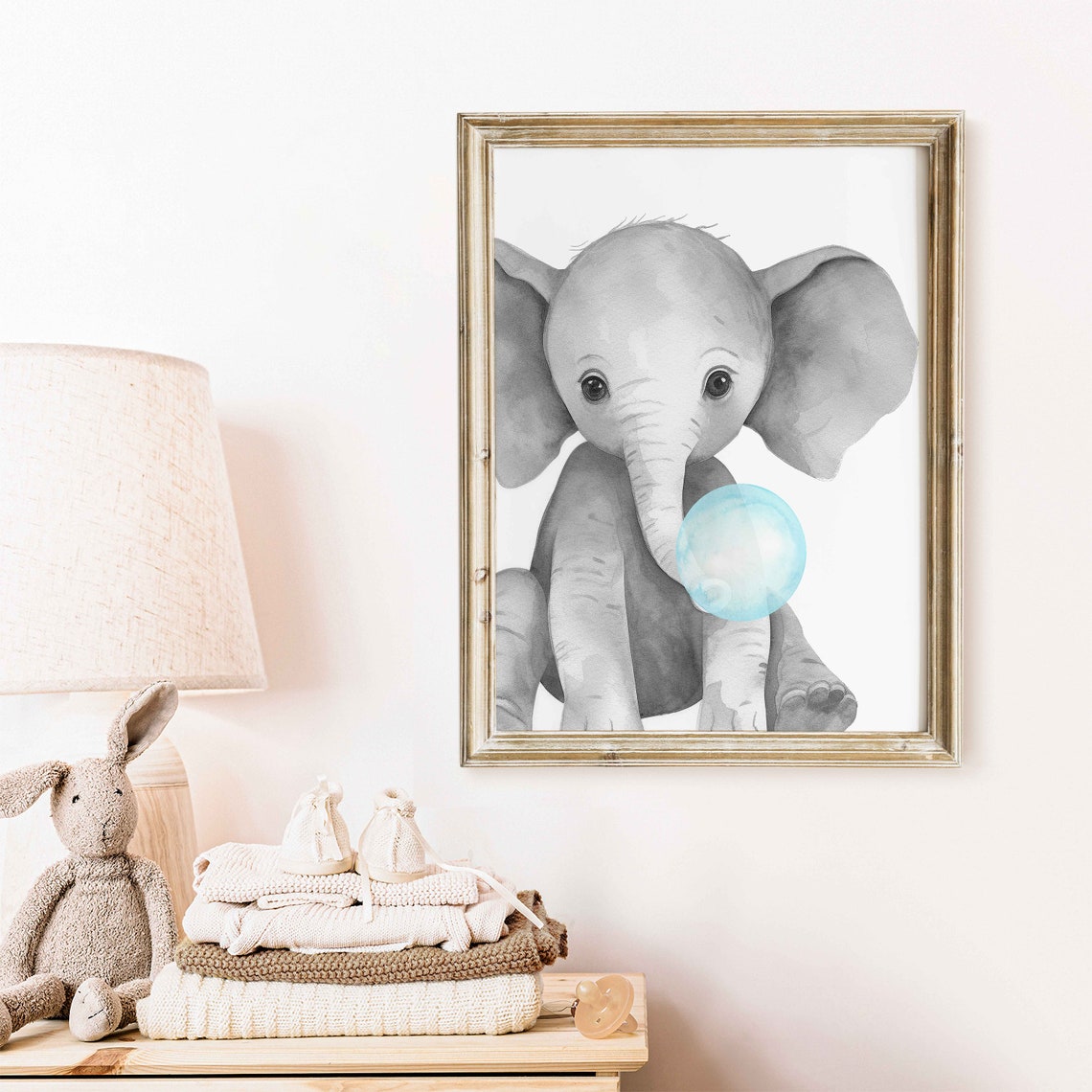 Playful Baby Elephant Blowing a Big Blue Bubble Nursery Poster - Image 2