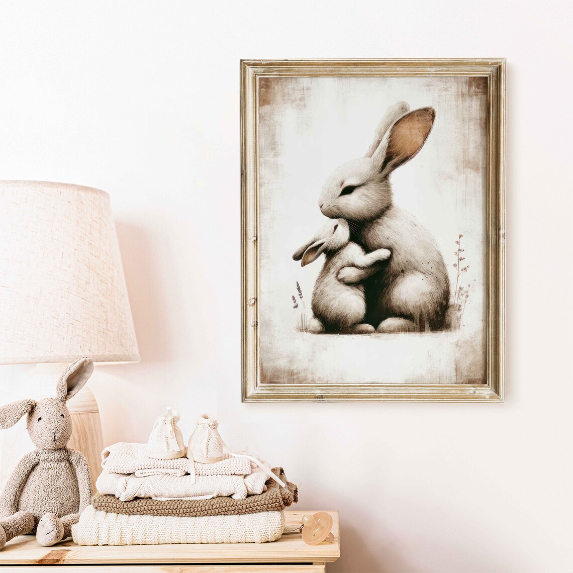 Embracing Mother and Baby Bunny in Muted Tones Nursery Wall Print - Image 2