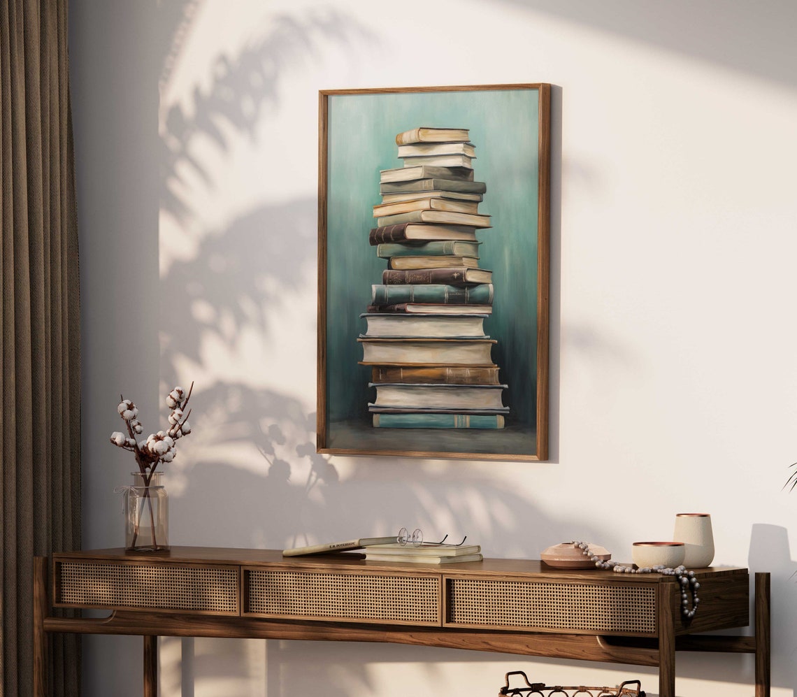 Tall Stack of Vintage Books on Teal Background Library Poster - Image 2