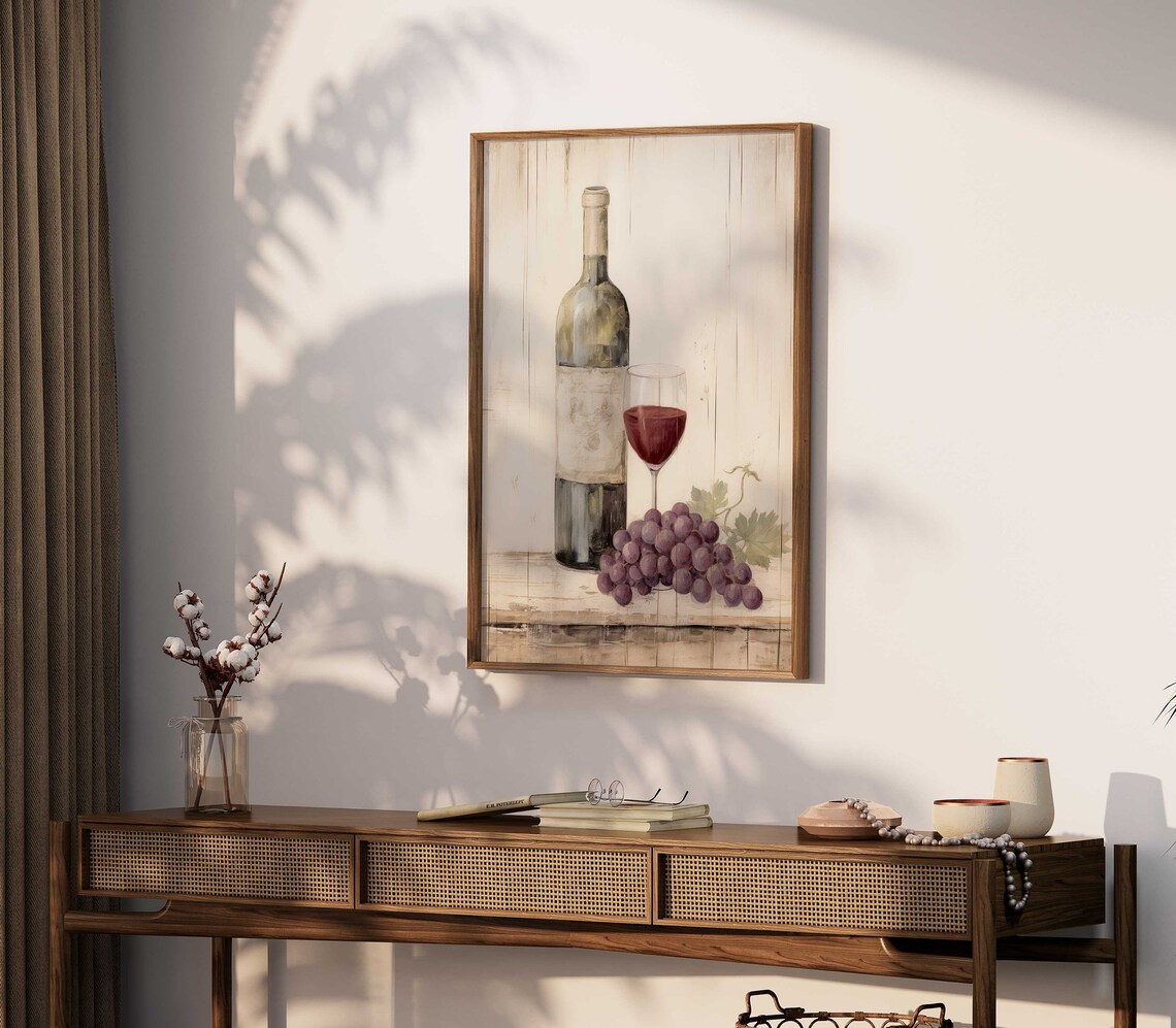 Red Wine Bottle With Glass And Purple Grapes Rustic Still Life Wall Art - Image 2