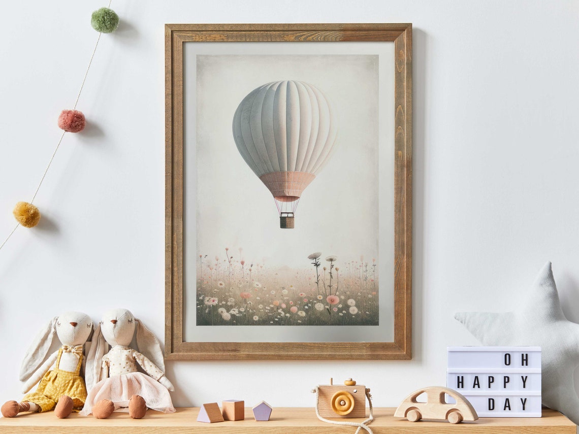 Vintage Hot Air Balloon Poster Drifting Over a Soft Wildflower Meadow