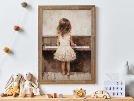 Girl Playing Piano Vintage Nursery Decor Art Print