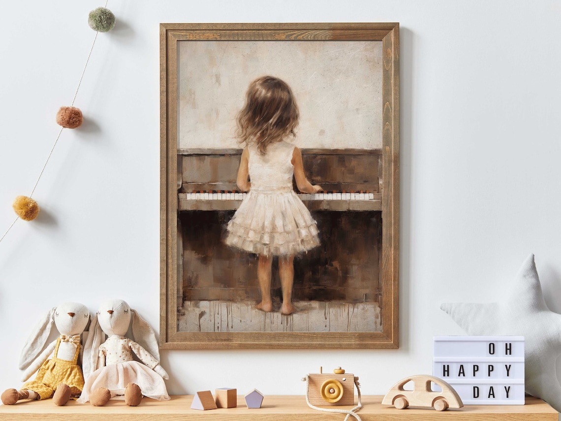 Girl Playing Piano Vintage Nursery Decor Art Print