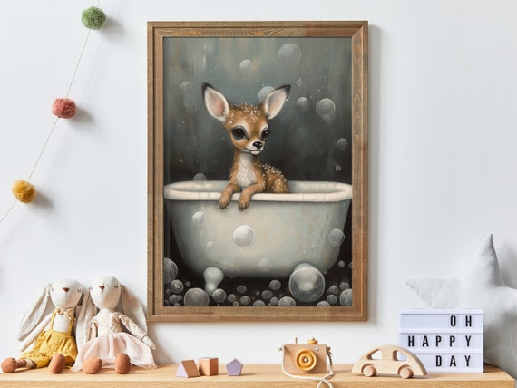 Vintage Nursery Art Cute Baby Deer Fawn In Bath Tub Wall Art For Nature And Animalloving Kids Parents