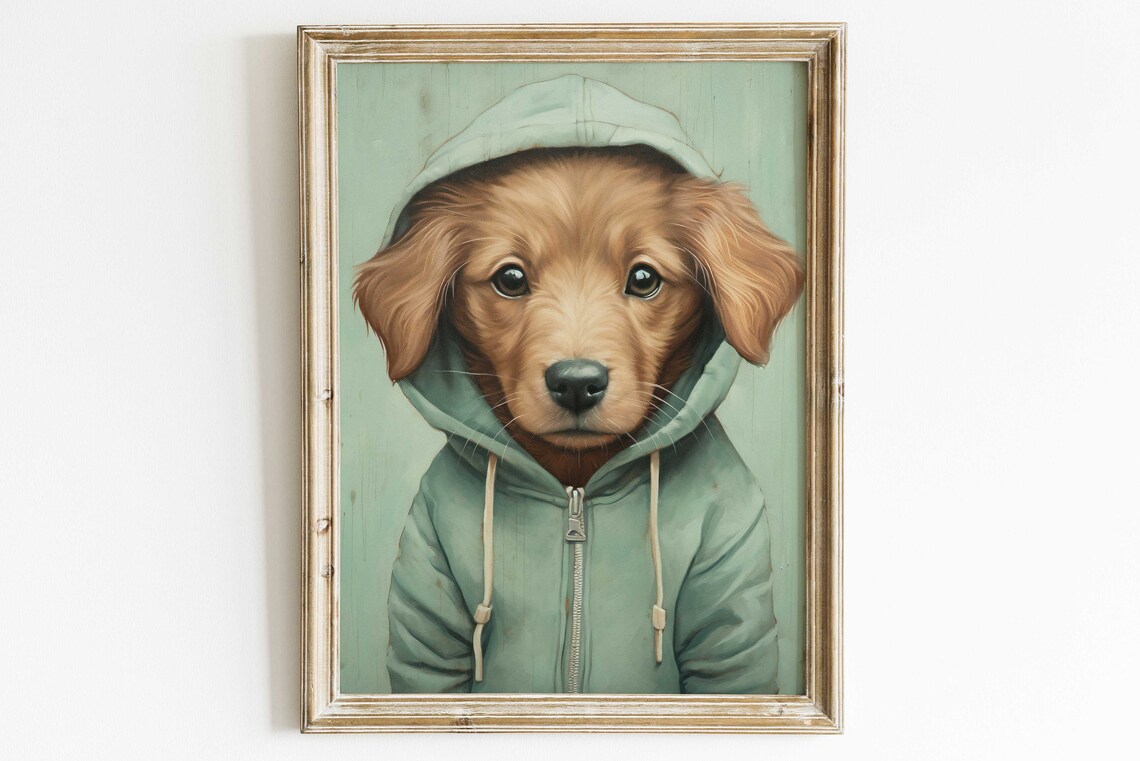Vintage Golden Retriever Puppy Art Print, Nursery Decor