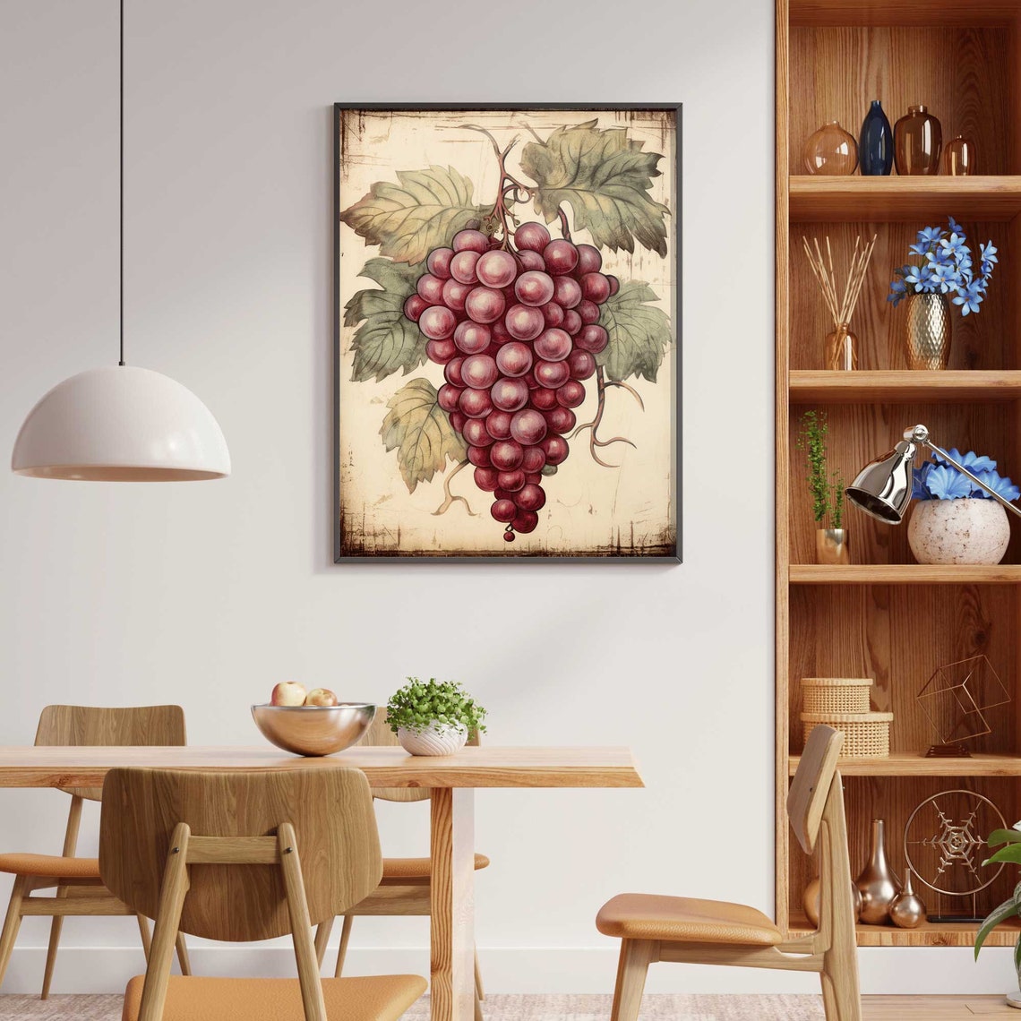 Cluster Of Red Grapes With Vine Leaves Vintage Botanical Fruit Print - Image 2