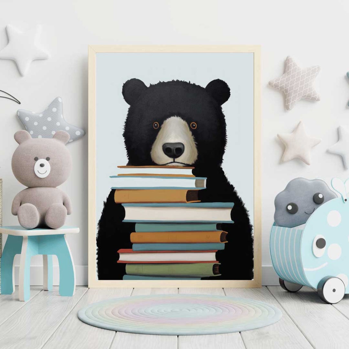 Black Bear Holding a Tall Stack of Books Reading Corner Poster - Image 2
