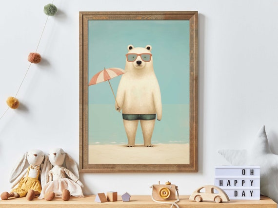 Bear Wall Art Polar Bear Kids Room Decor Beach Nursery Print Funny Vintage Art Animal Wearing Glasses Toddler Room Decor Boy